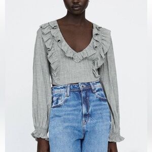 Zara V-neck ruffled crop top with long peasant cuffed sleeve elastic viscose